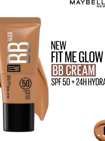 Maybelline New York Fit Me Glow BB Cream, SPF 50 + 24H Hydration With Niacinamide & Hyaluronic Acid, Dewy Finish for Normal to Dry Skin- Shade 60, 25ml