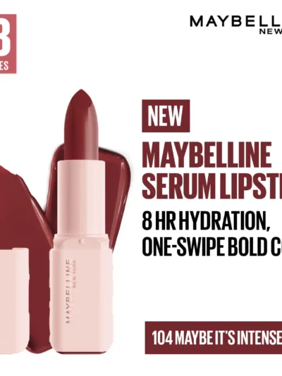Maybelline New York Serum Lipstick (Satin) 8HR Weightless Hydration, One-Swipe Bold Color, Nude - 104 Maybe It'S Intense